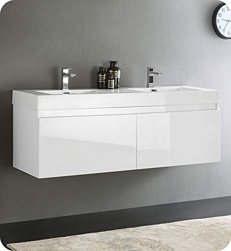 White Wall Hung Double Sink Modern Bathroom Cabinet w/Integrated Sink 60"