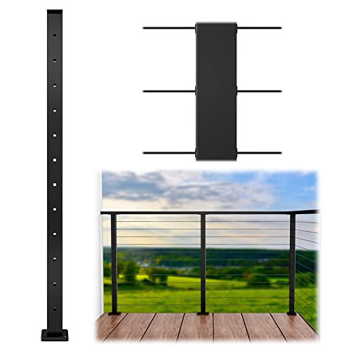 Muzata Cable Railing Post 42"x2"x2" Level drilled Post Flat Top Stainless Steel Black Powder Coated Top Mount Wood Concrete Level Deck PS02 BH4L, PT1 PT3 PT6