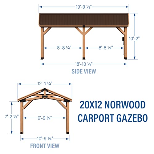 360FlipNorwood 20 ft. x 12 ft. All Cedar Wooden Carport Pavilion Gazebo with Hard Top Steel Roof